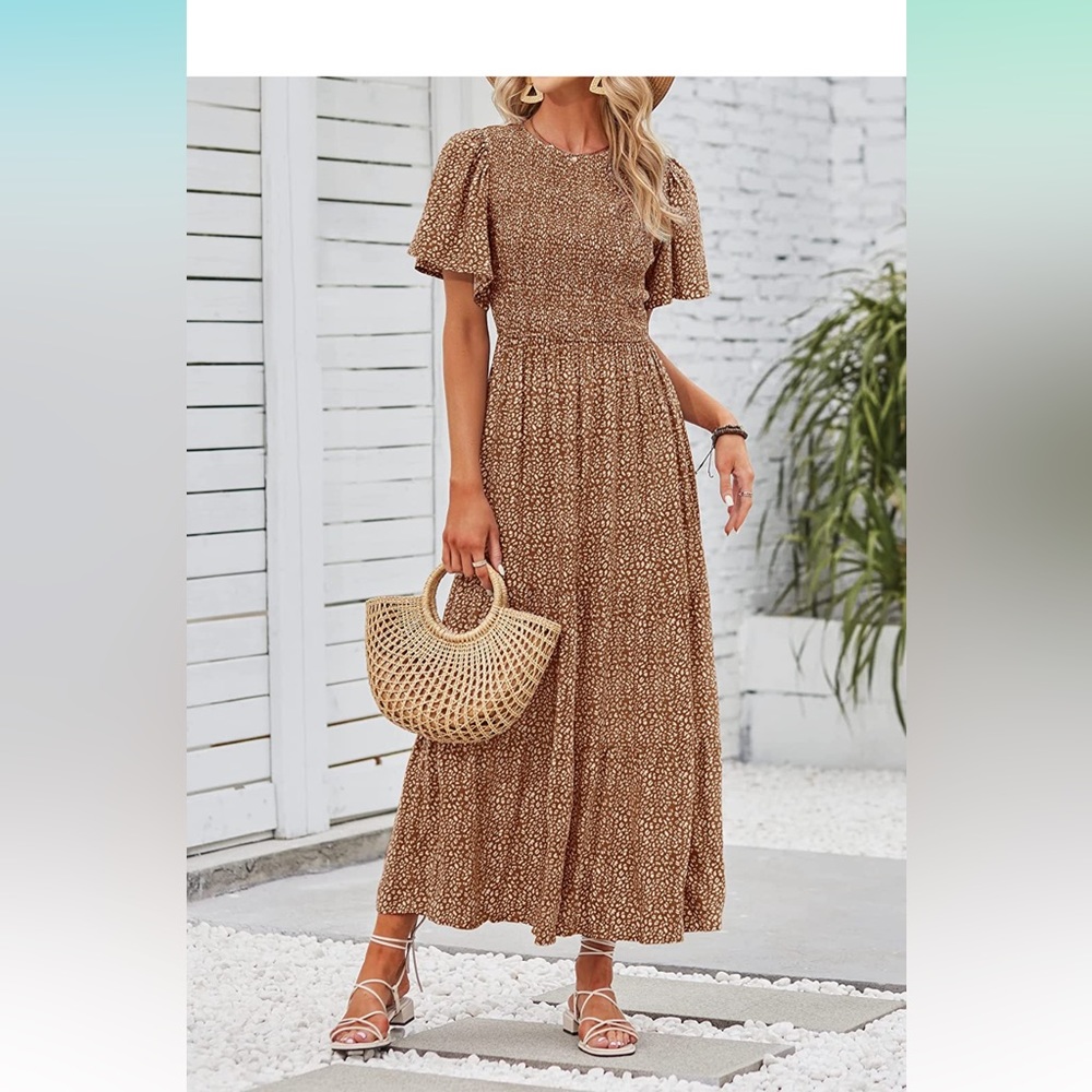 Floral Print Short Flutter Sleeve Crew Neck Smocked High Waist Flowy Maxi Dress